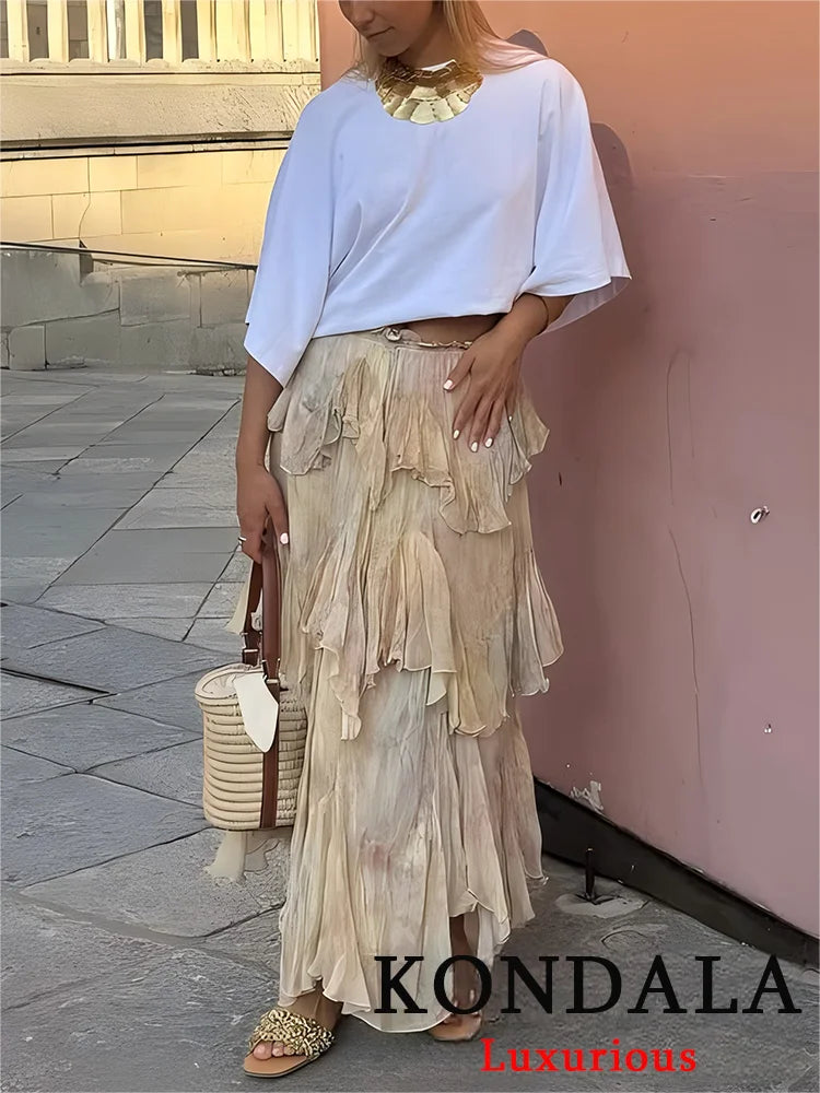 KONDALA Vintage Flower Print Long Skirts High Waist Ruffles Chiffon Skirts Fashion 2025 Autumn Boho Holiday Party Skirts