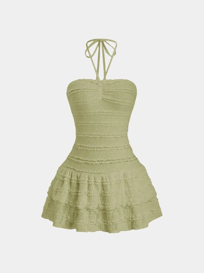 Ladies Solid Color High Elastic Fabric Backless Neckline Mini Skirt with Hem Ruffle Design Elegant Casual Style