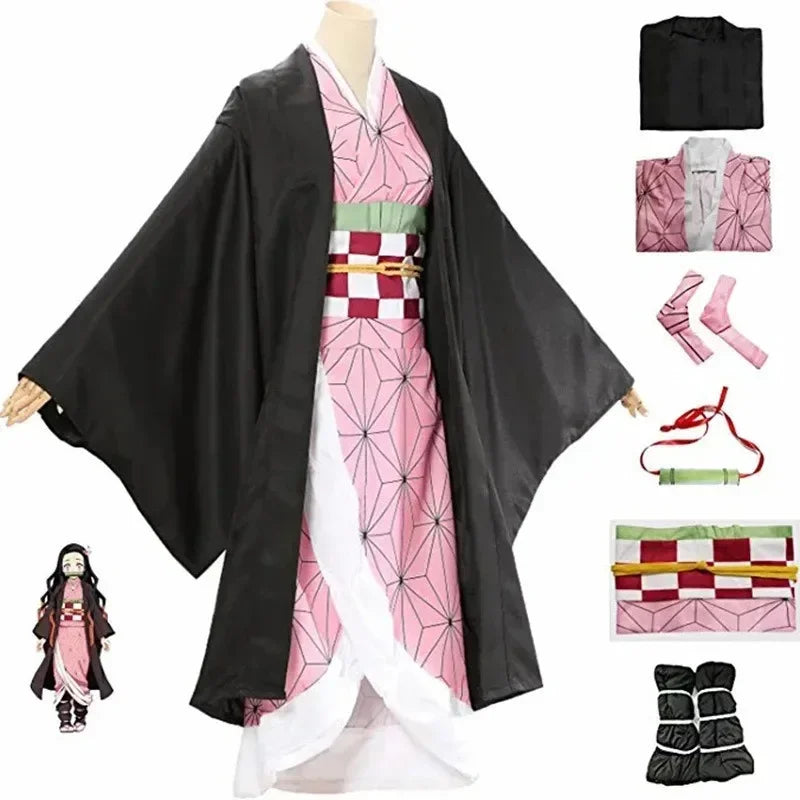 Anime Nezuko Cosplay Kamado Nezuko Cosplay Costume Nezuko Wig Uniform with Props for Adult