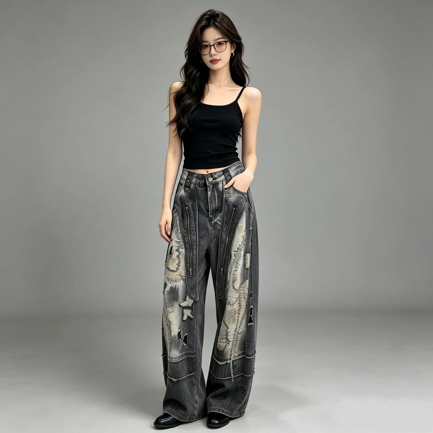 Trendy Pear-shaped Slimming Jeans Women Black Washed New Summer Street Style Loose-fitting Floor-length Jeans LX5811