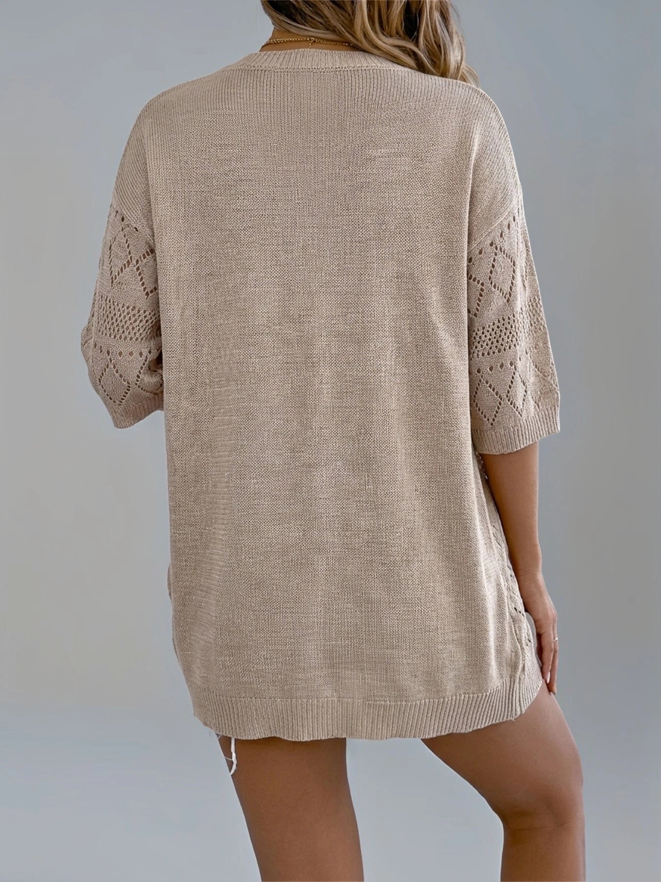 Hollow Out Knit Cardigan Short Sleeve Solid Color Summer Beach Lightweight Top
