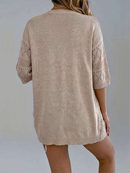 Hollow Out Knit Cardigan Short Sleeve Solid Color Summer Beach Lightweight Top