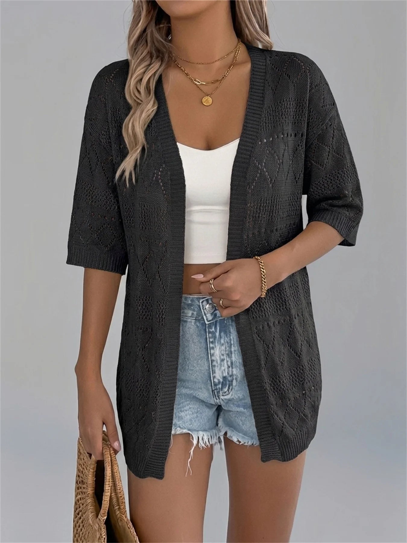 Hollow Out Knit Cardigan Short Sleeve Solid Color Summer Beach Lightweight Top