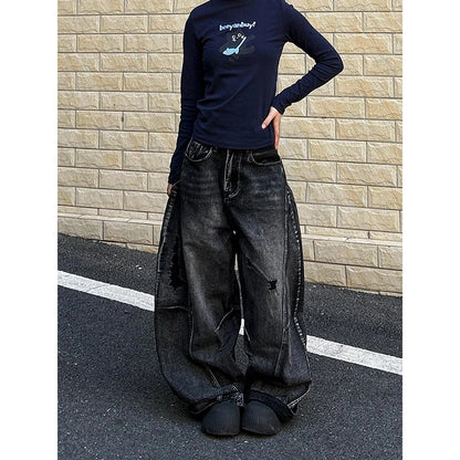 ZHIZOU Women Tomboy Dark Academia Baggy Low Rise Mom Jean Japanese Y2K Harajuku Denim Wide Leg Pants 2000s Cyber Punk Grunge