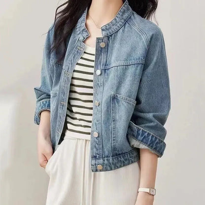 New Womens Retro Washed Denim Jacket Autumn Winter Standing Collar Basic Coat Fashion Female Casual Motorcycle Jacket Light Blue
