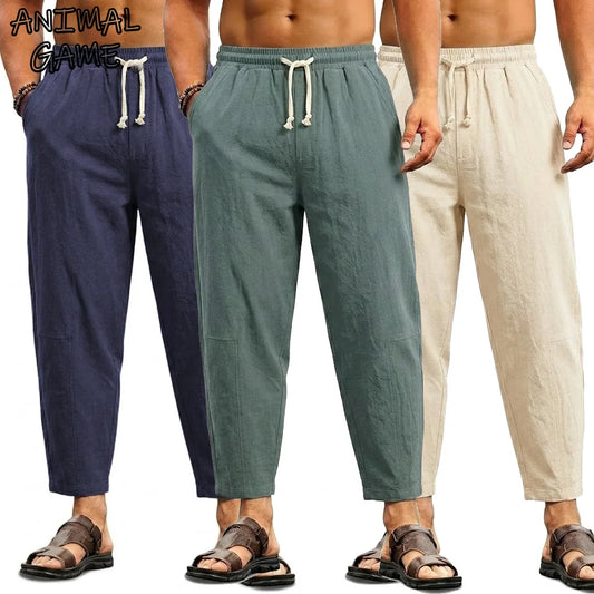 Summer Men's Linen Trousers Solid Color Casual Pants for Men Sport Breathable Baggy Pant