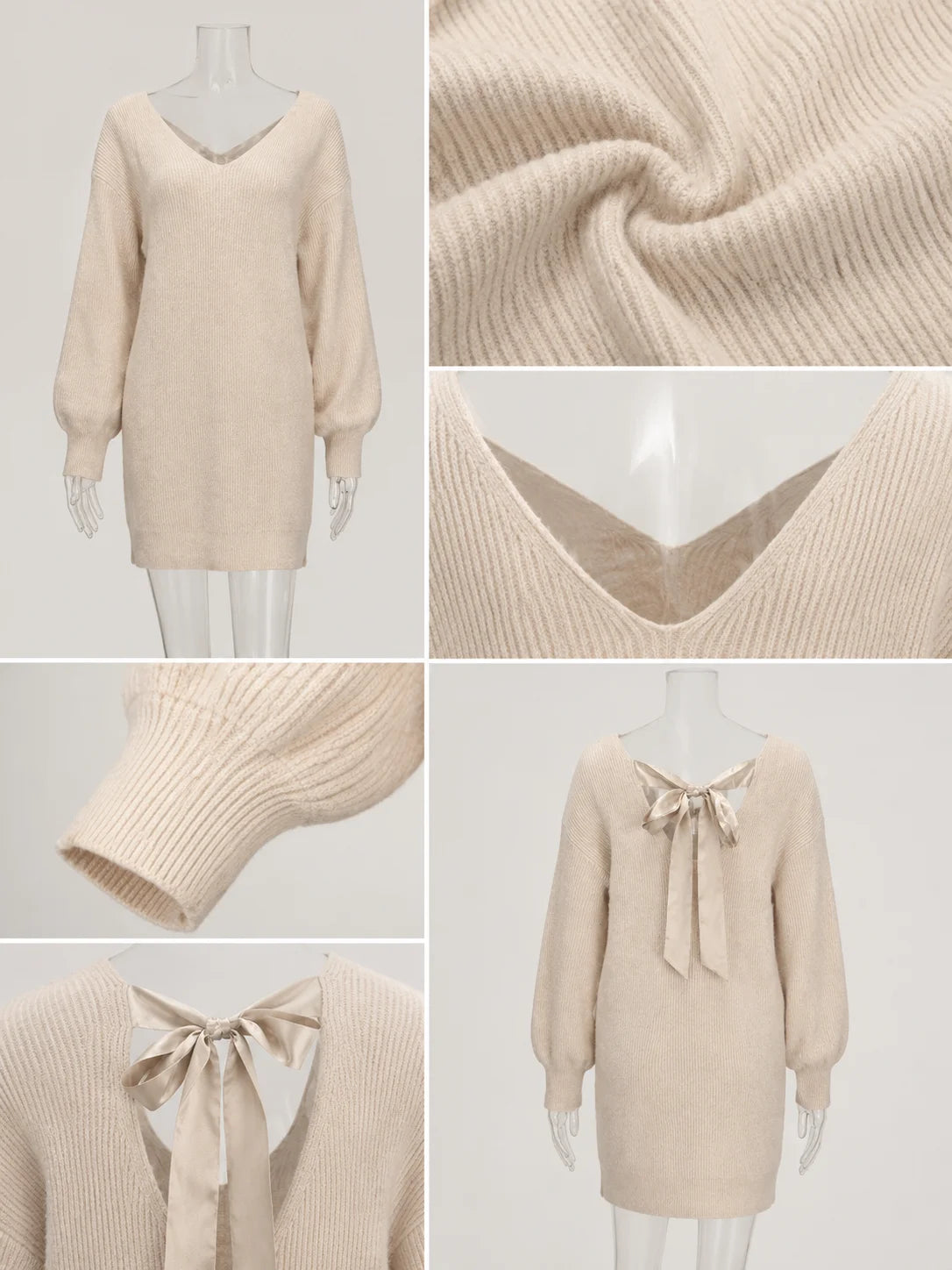 Women V‑Neck Oversized Knit Sweater Dress, Back Satin Bow Tie‑Back Long Puff Sleeve Loose Mini Knit Dress for Fall Party Daily Going‑Out Outfit