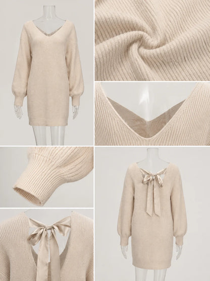 Women V‑Neck Oversized Knit Sweater Dress, Back Satin Bow Tie‑Back Long Puff Sleeve Loose Mini Knit Dress for Fall Party Daily Going‑Out Outfit