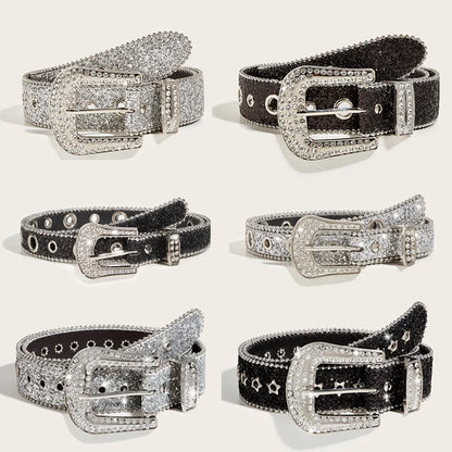 Gothic Black Silver Metal Buckle Rhinestone Belt Luxury Desiner Four Seasons Y2K Womens Jeans Belt Plus Size Men's Waistband
