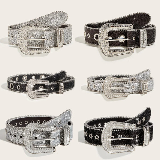 Gothic Black Silver Metal Buckle Rhinestone Belt Luxury Desiner Four Seasons Y2K Womens Jeans Belt Plus Size Men's Waistband