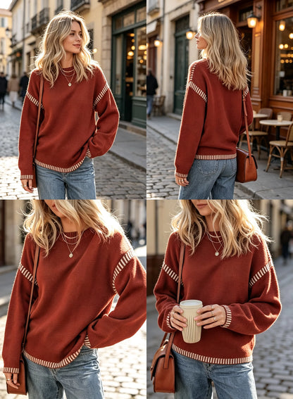 Sweaters For Women Fashion Solid Crewneck Pullover Loose Fit Long Sleeve Contrast Cable Knit Sweater Jumper Top