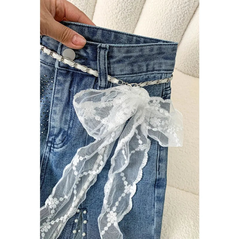 Women Jeans Pants Baggy Jeans Spring Flare Trousers Lace Applique Crystal Wide Leg Pearl Slit Distressed Design