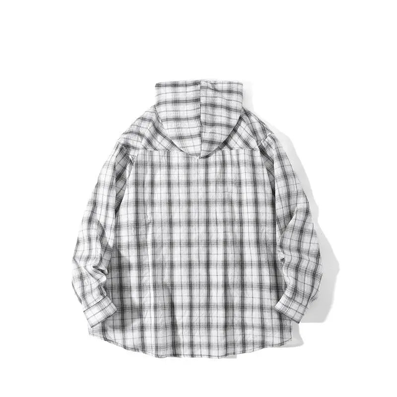 Unisex Oversized Hooded Flannel Style Plaid Mens Shirt Jacket Long Sleeve Button Down Casual Lightweight Jacket for Spring Fall