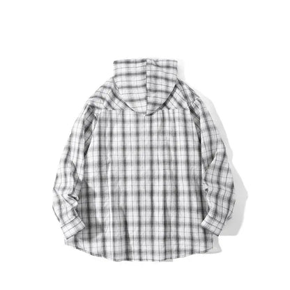 Unisex Oversized Hooded Flannel Style Plaid Mens Shirt Jacket Long Sleeve Button Down Casual Lightweight Jacket for Spring Fall