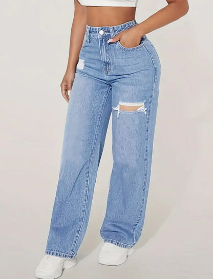 Jeans Women Denim Pant Wide Leg Long Pants Hole High Waist Straight Trousers Y2k Streetwear Work Splice Casual 2026 Punk
