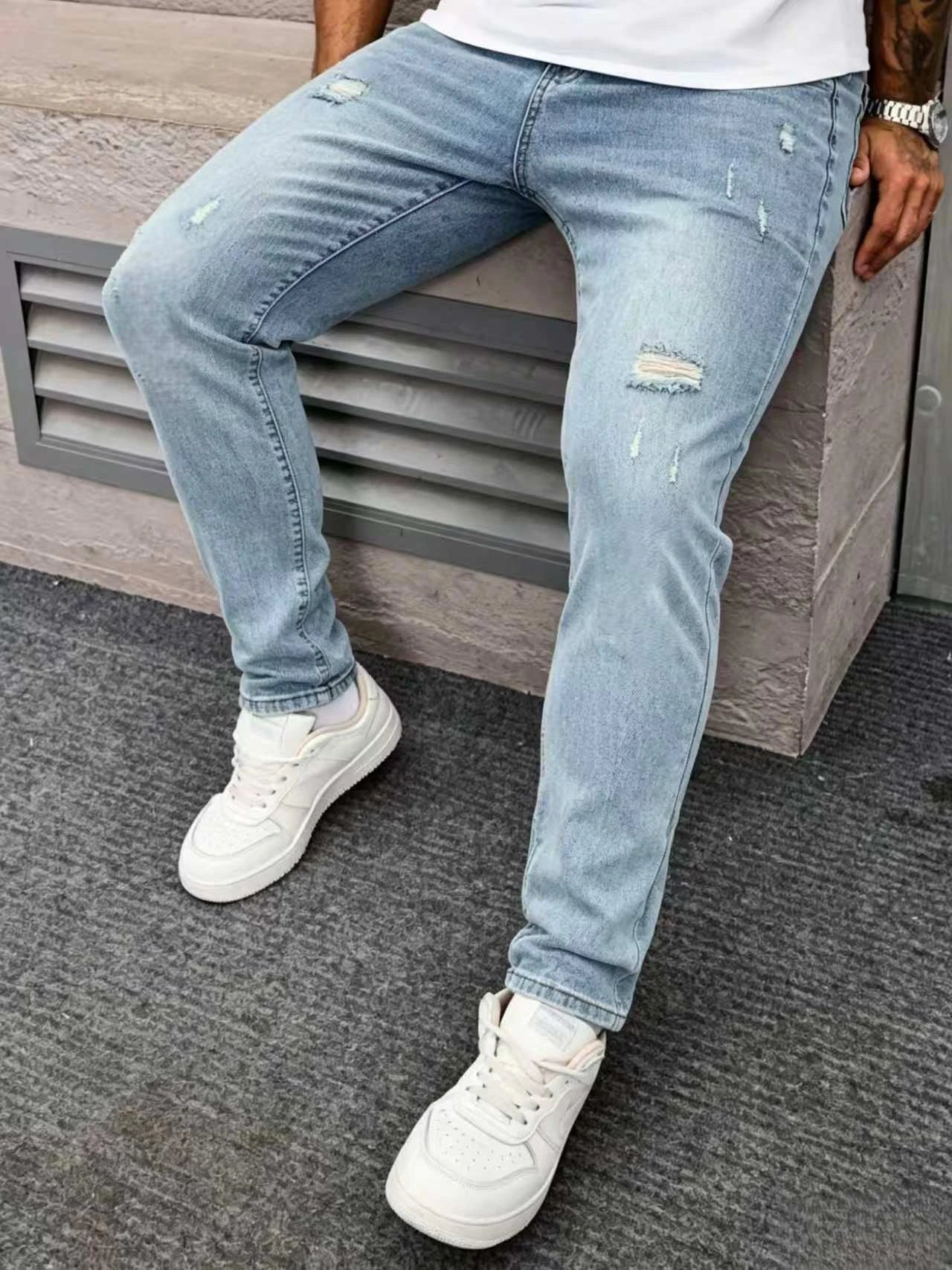 Men's Slim Fit Light Blue Jeans, Ripped Stretch Denim Pants, Casual Straight Leg Washed Jeans,