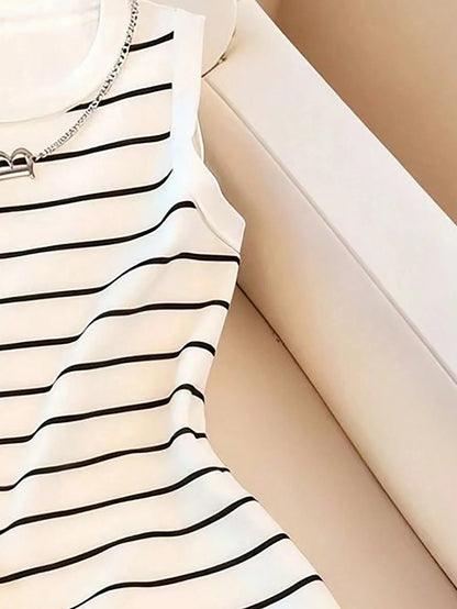 Women's Spring/Summer Casual Elegant Sleeveless Slim-Fit Round Neck Striped Print Dress