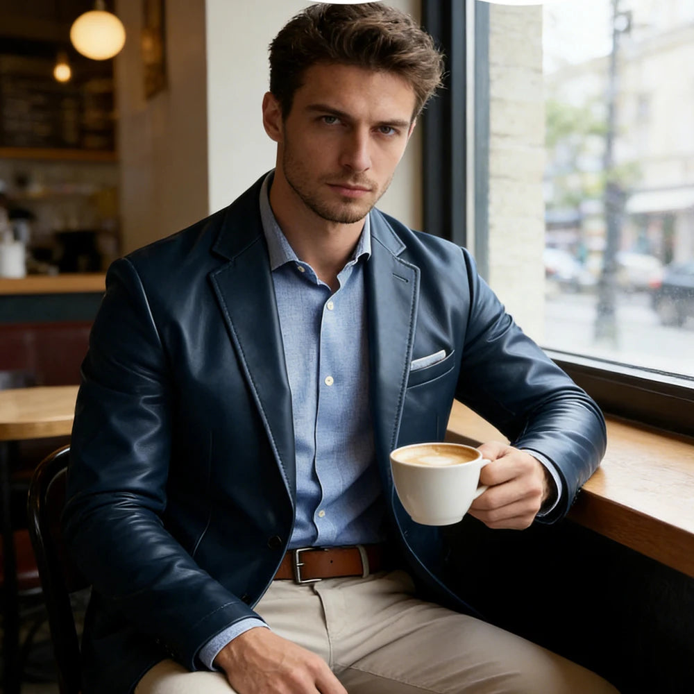 Men's Faux Leather Blazer Notch Lapel Flap Pockets Slim Fit Suit Jacket Coats For Casual Business Wedding Party