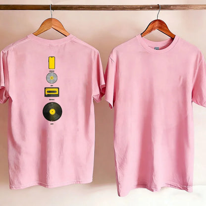Music Evolution Media Vertical Graphic T-Shirt Men Back Print Cotton Short Sleeve Vinyl Cassette CD Phone Nostalgia Casual Tee