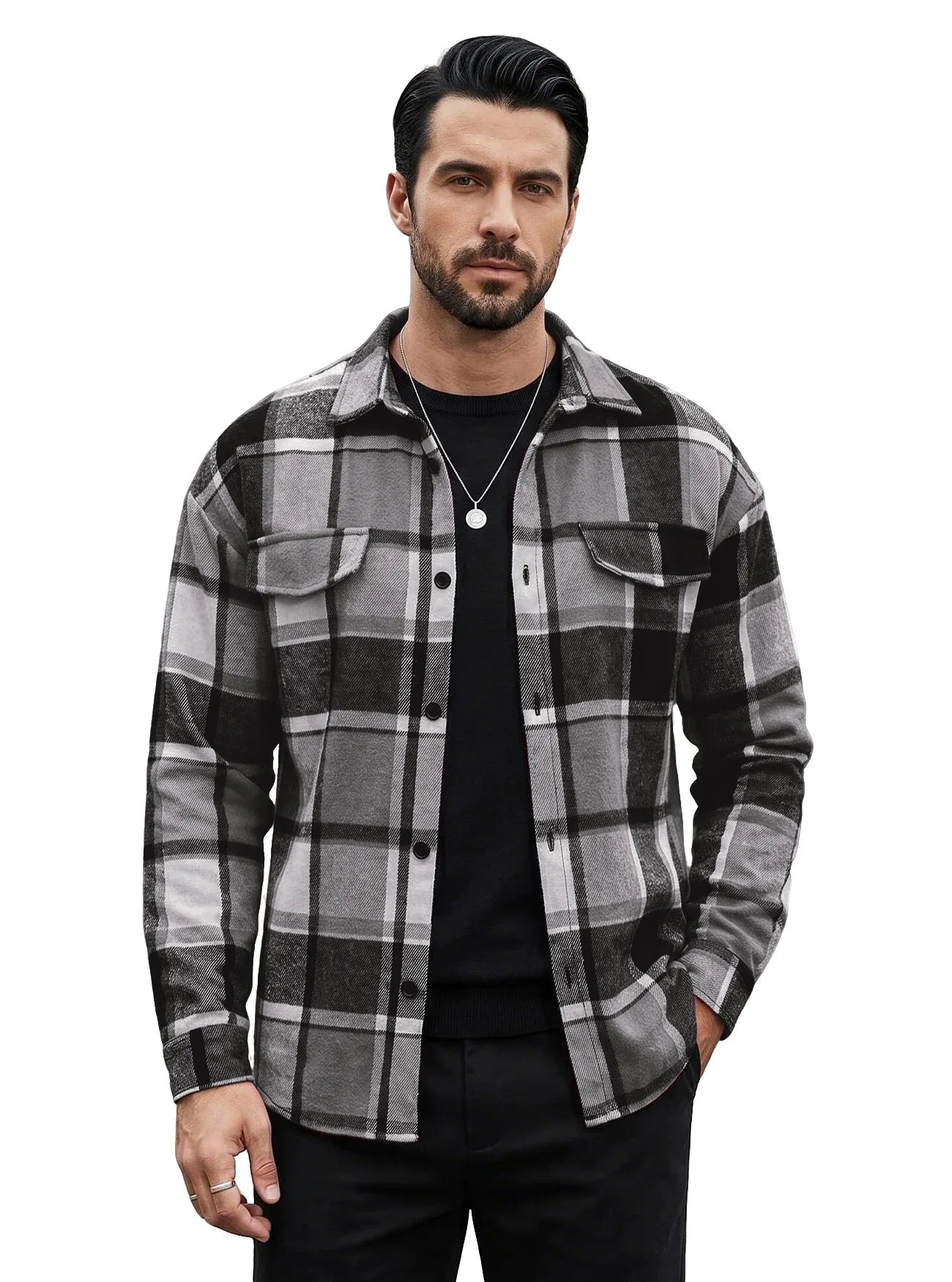 Men's Plaid Flannel Shirt Long Sleeve Button Down Casual Shacket with Flap Pockets Autumn Winter Streetwear Top