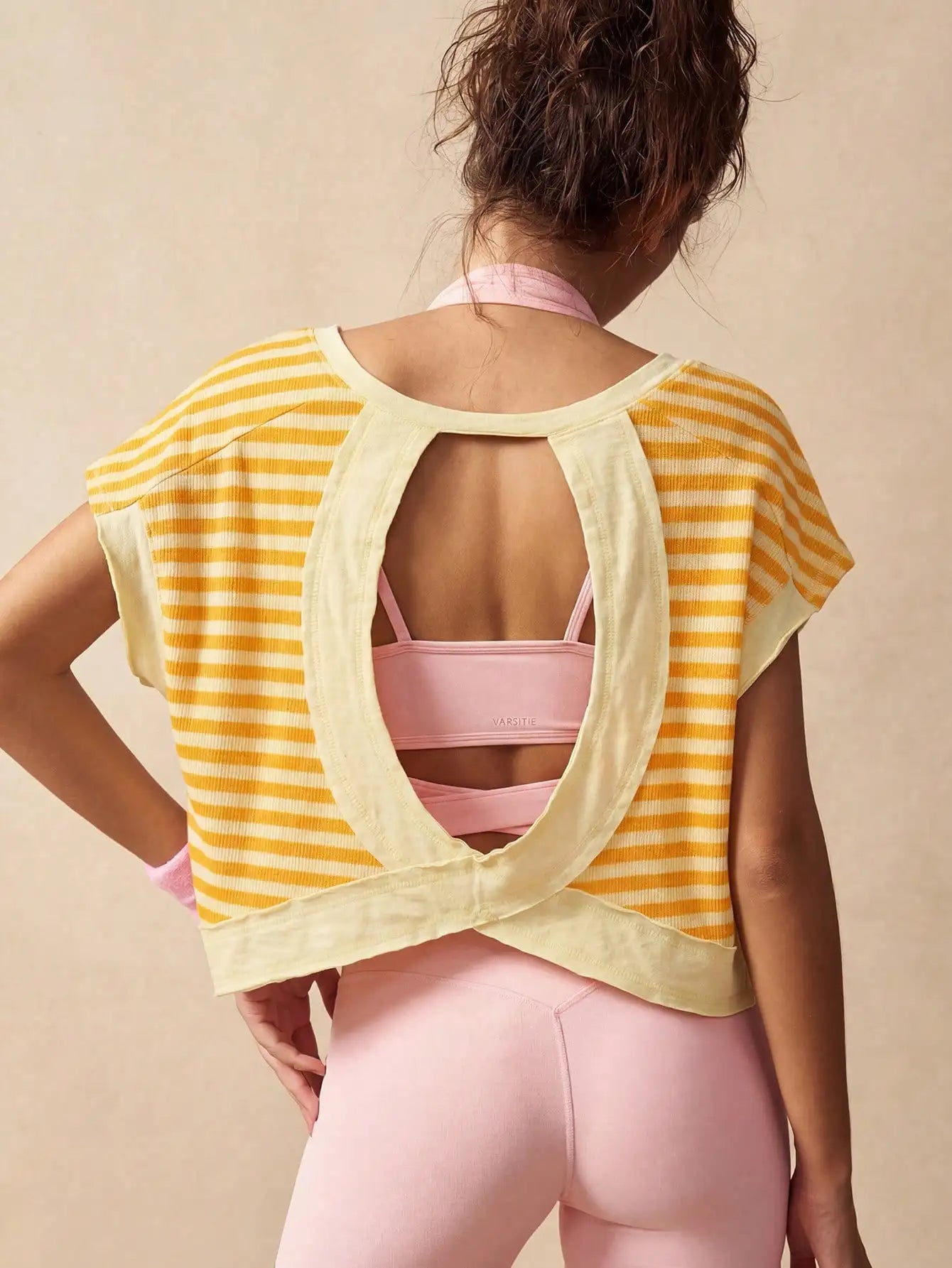Women Striped Open Back Workout Top Gym Crop Top Summer Active Wear