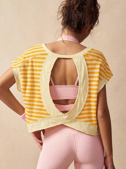 Women Striped Open Back Workout Top Gym Crop Top Summer Active Wear