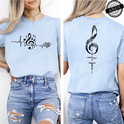 Musical Notes Printed T-Shirt for Women, Heartbeat Music Graphic Tee Shirts