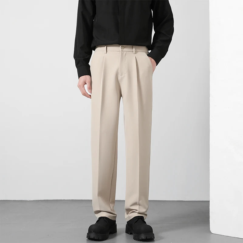 2025 Men's Loose Suit Pants Classic Straight Solid Color Drape Elastic Business Office Worker Casual Trousers Brown Khaki Gray