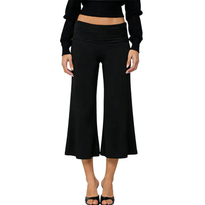 Women Vintage Fold Over Waist Gaucho Pants Low Rise Cropped Wide Leg Capri Pants y2k Foldover Culottes Yoga Pants Pajama Bottoms
