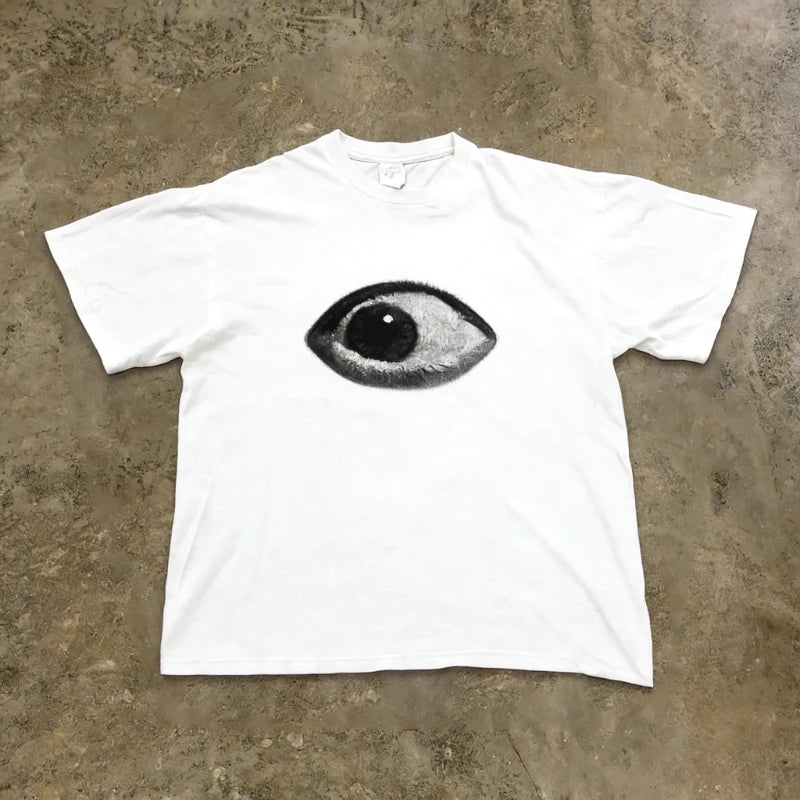 Vintage Punk Style Eye Pattern T-Shirt, Unisex, Black and White Realistic Eye Print, Casual Loose Street Style T-Shirt