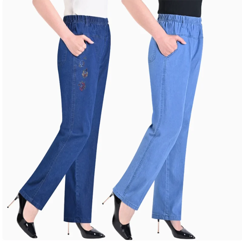 Middle-aged Women's Jeans Spring Summer Stretch Waist Straight Denim Pants Large Size Loose Casual Black Blue Denim Trousers 5XL