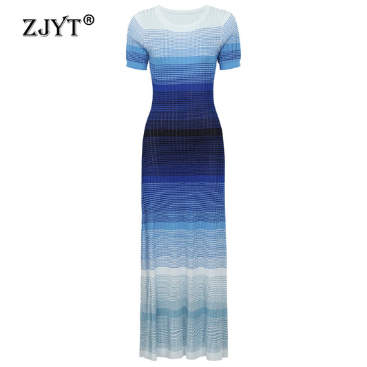 ZJYT Summer Women Fashion Long Knit Dress Gradient Color Short Sleeve Elegant Holiday Casual Dresses Blue Orange Vestidos Lady