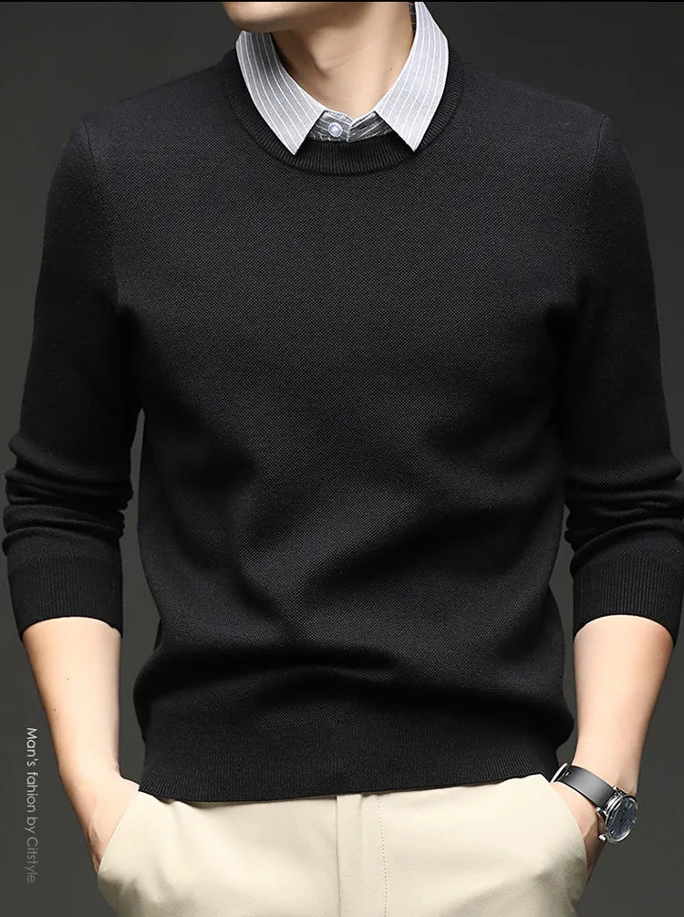 Men's 500g Wool-Blend Knit Sweater - Camel Fake Layered Collar (Black/Navy/Light Gray) Vintage Business Casual Style