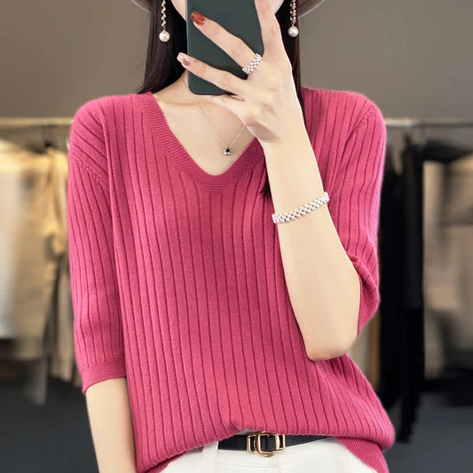 Women's Sweater Spring Summer Short Sleeve V-neck Knit Shirt Casual Pullovers Stripe Bottoming Shirt Slim Fit Jumpers