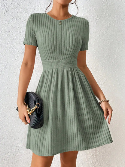 Fashionable Casual Solid Color Ribbed Waist Knitted A-Line Dress New Arrival Comfortable Elegant Women's Clothing