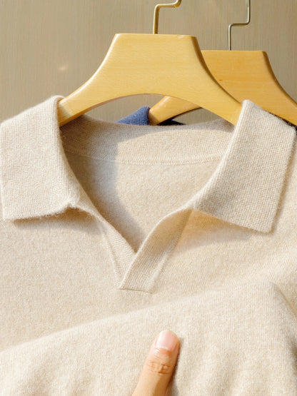 100% Pure Cashmere Sweater Men's Seagull Collar 5-Point Sleeve T-Shirt Short Sleeve Spring and Autumn Conventional Thickness