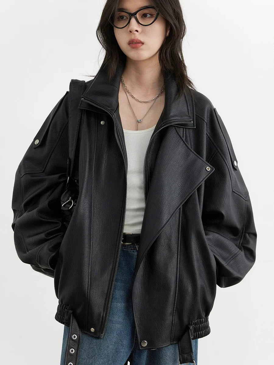 CHIC VEN Woman PU Jacket Solid Loose New Retro Standing Collar Motorcycle Faux Leather Coat Female Top Spring Autumn 2026
