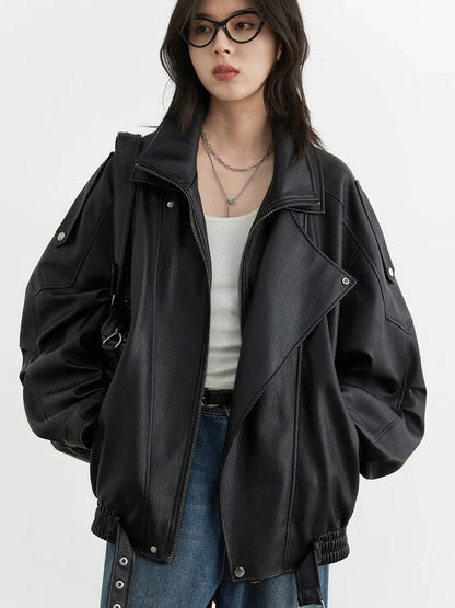 CHIC VEN Woman PU Jacket Solid Loose New Retro Standing Collar Motorcycle Faux Leather Coat Female Top Spring Autumn 2026