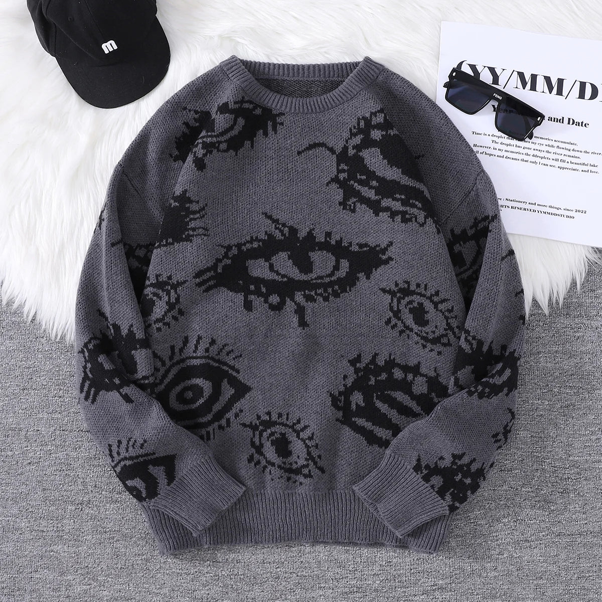 New Trendy Autumn and Winter Abstract Eye Jacquard Pattern Pullover Sweater Casual Round Neck Knitted Men's Pullover