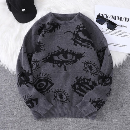 New Trendy Autumn and Winter Abstract Eye Jacquard Pattern Pullover Sweater Casual Round Neck Knitted Men's Pullover