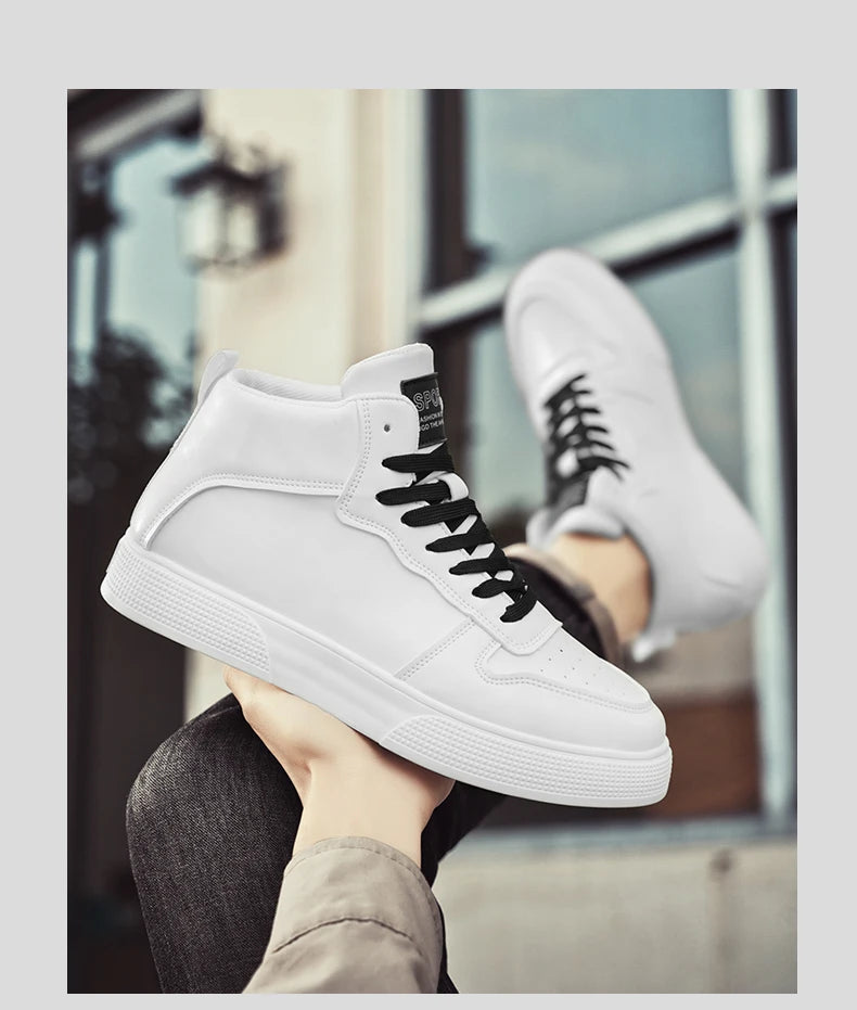 Men's Spring-Autumn New Style High-Top Canvas Shoes Trendy Height-Adding Lace-Up Multi-Functional White Sneakers Flat Shoes Men'