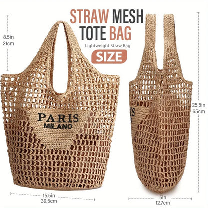Summer Straw Beach Bag New Woven Bag Straw Mesh Tote Bag Foldable Large Capacity Womens Crossbody Shoulder Bag Purse for Holiday