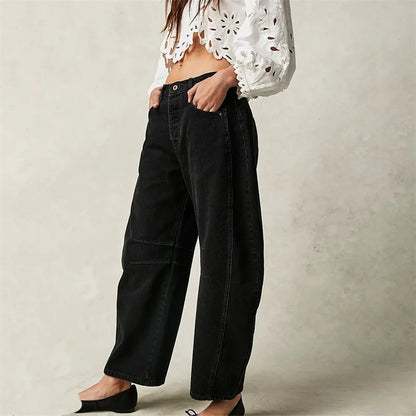 Women Vintage American Style Denim Jeans New Knee Splicing Design Straight Pants Female Commuter Casual Loose Mid Waist Trousers