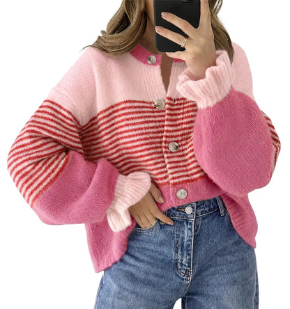 Womens Fall Striped Loose Cardigan Sweaters Ruffle Sleeve Button Up Color Block Sweater Coats