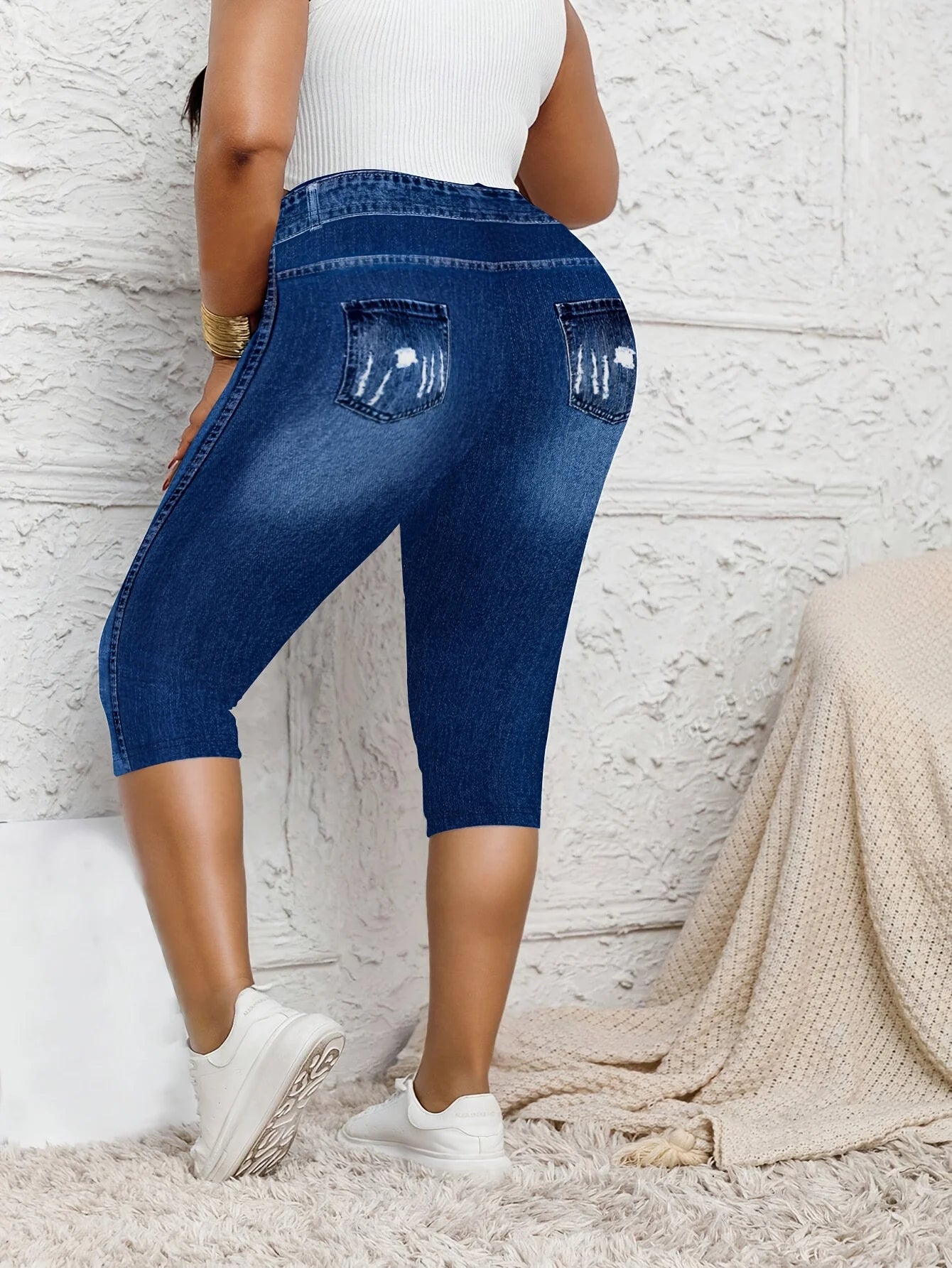 Plus Size High Waist Biker Shorts, 3-Button Tummy Control Yoga Shorts, Faux Denim Jean Look Compression Cycling Shorts