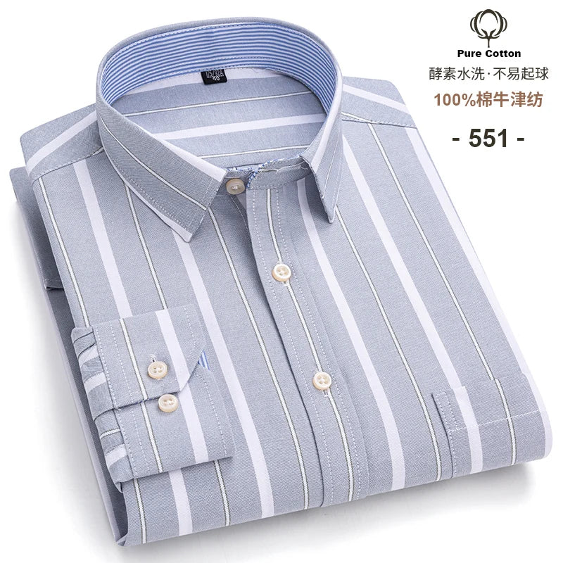 Men's Social Shirts Long Sleeve 100%Pure Cotton Oxford Buttoned Plaid Formal Male Casual Clothes Oversized Shirt Plus Size S-7XL
