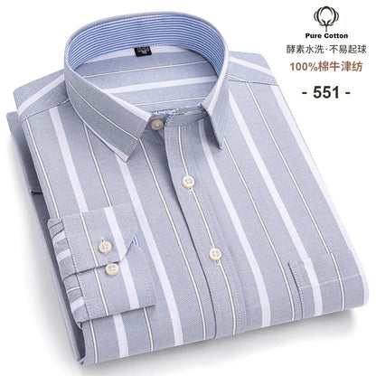 Men's Social Shirts Long Sleeve 100%Pure Cotton Oxford Buttoned Plaid Formal Male Casual Clothes Oversized Shirt Plus Size S-7XL
