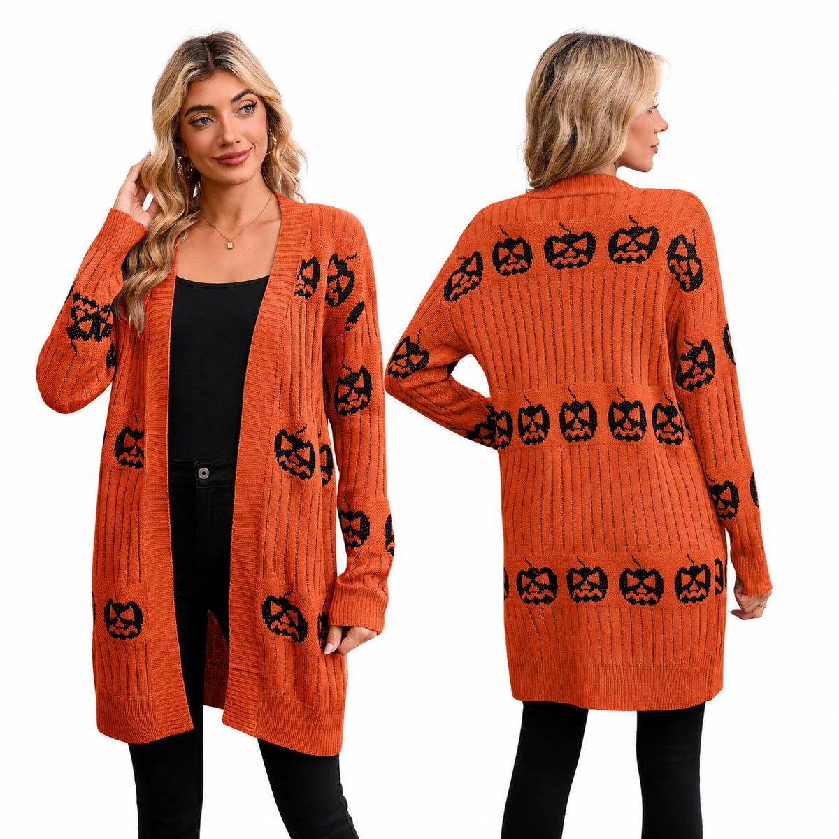 Women Halloween Open Front Cardigan, Pumpkin Face Jacquard Knit Long Sleeve Cardigan, Loose V‑Neck Mid‑Length Sweater Coat with Pockets