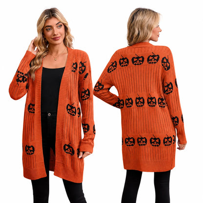 Women Halloween Open Front Cardigan, Pumpkin Face Jacquard Knit Long Sleeve Cardigan, Loose V‑Neck Mid‑Length Sweater Coat with Pockets