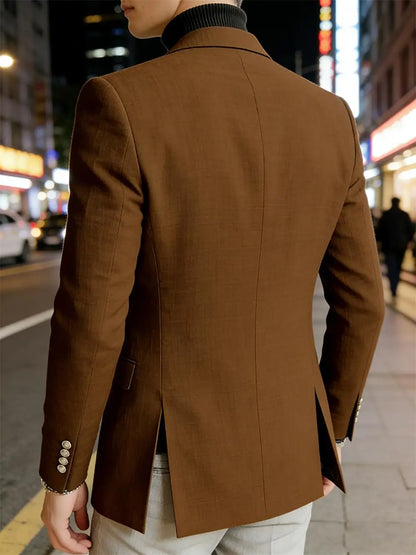 Men's Linen Blazer Double Breasted Slim Fit Breathable Suit Jacket Business Casual Gentlemen Coat Formal Wedding Party Dress